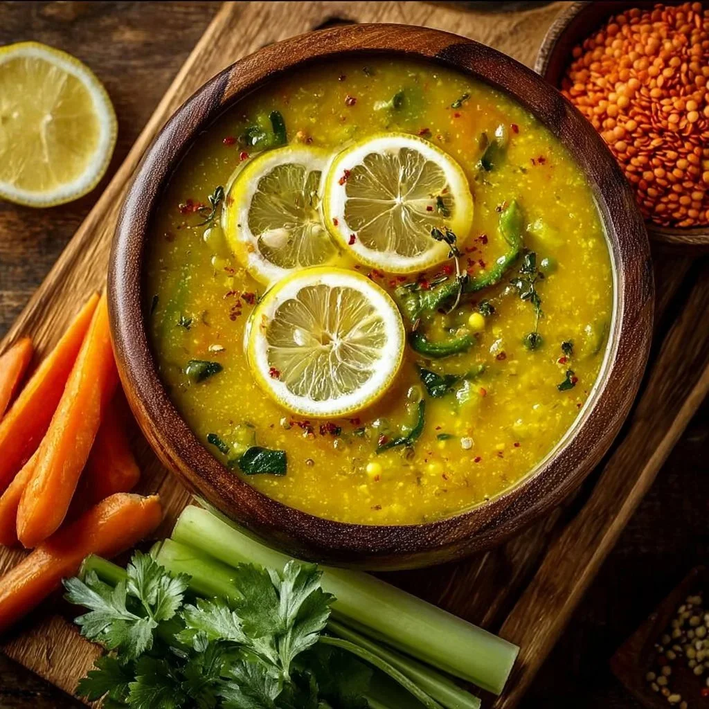Bowl of anti-inflammatory Golden Lemon Lentil Soup with fresh herbs.