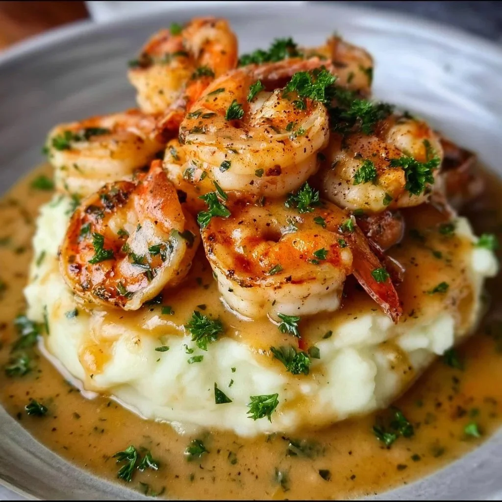Creamy garlic shrimp over mashed potatoes with herbs and spices