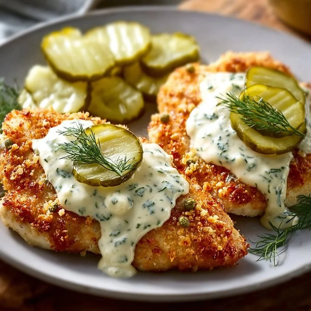 Crispy dill pickle parmesan chicken served on a plate garnished with herbs.