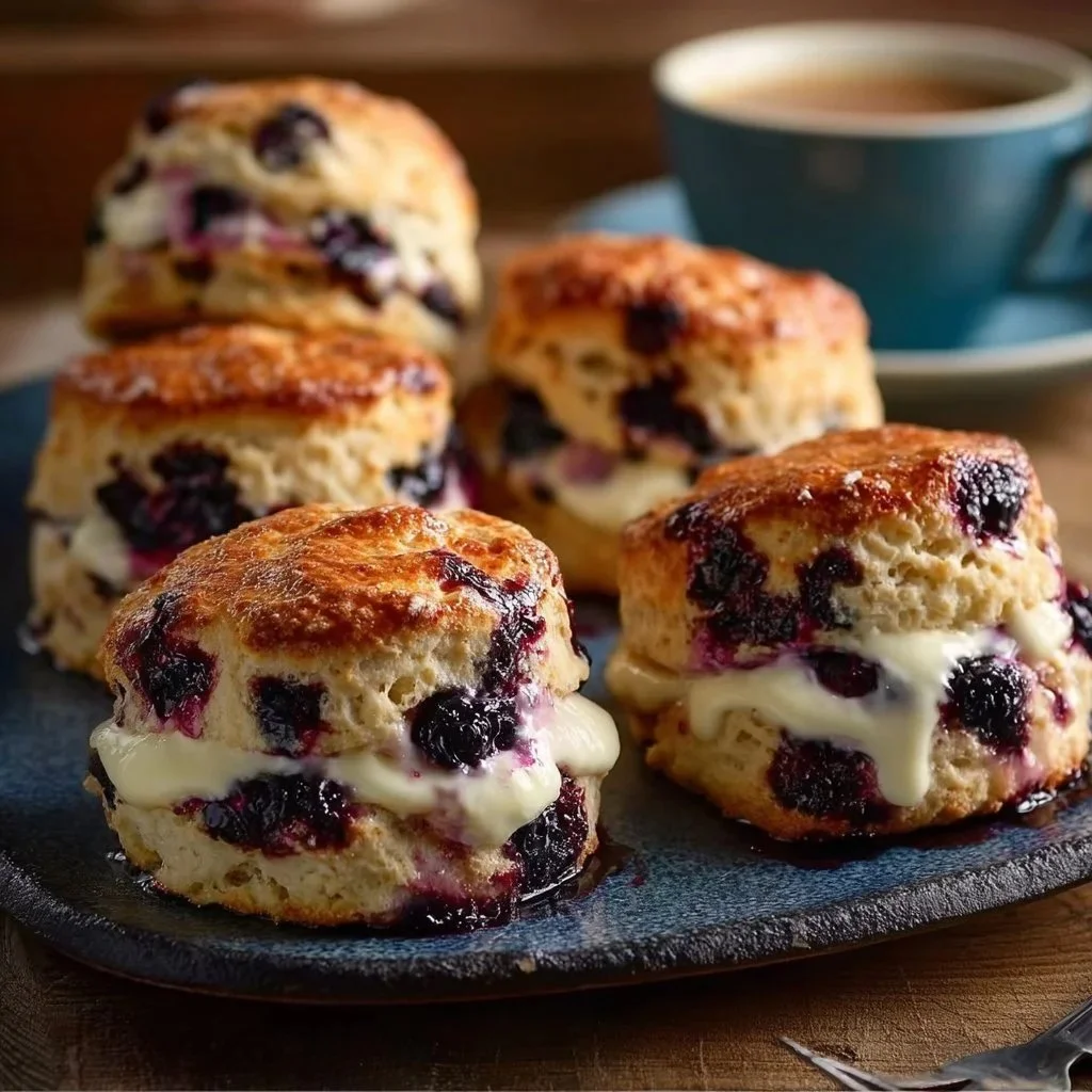 Freshly baked blueberry biscuits on a rustic wooden table