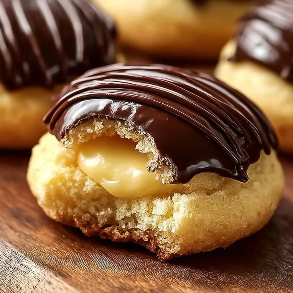 Boston Cream Pie cookie bites on a plate with chocolate glaze and cream filling