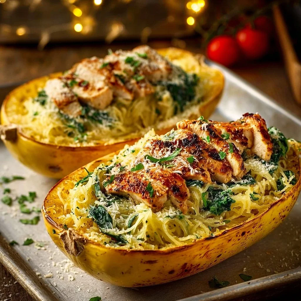 Garlic Chicken Spaghetti Squash 13 Garlic Chicken served over spaghetti squash for a healthy meal