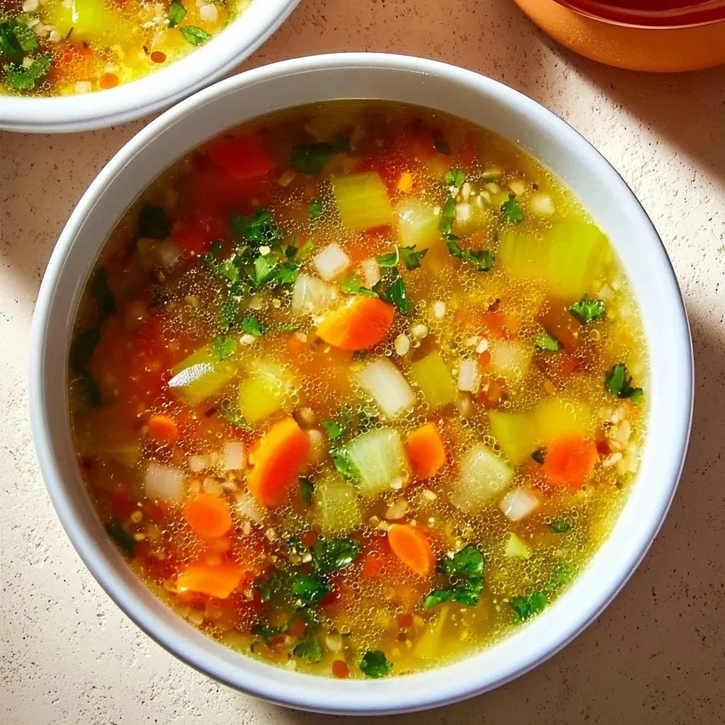 Bowl of healing garlic soup for colds with fresh garlic and herbs.