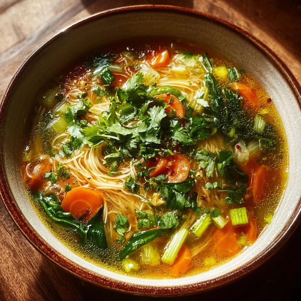 Healing Ginger Garlic Broth with Rice Noodles 17 Healing ginger garlic broth with rice noodles in a bowl