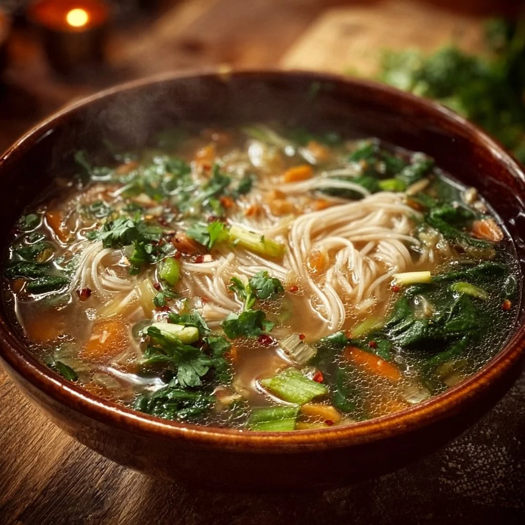 Healing Ginger Garlic Broth with Rice Noodles