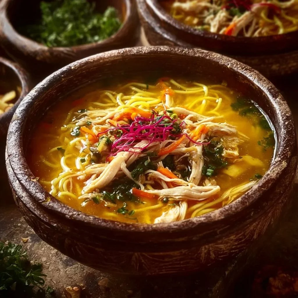 Bowl of Healing Ginger Garlic Chicken Noodle Soup with herbs and noodles