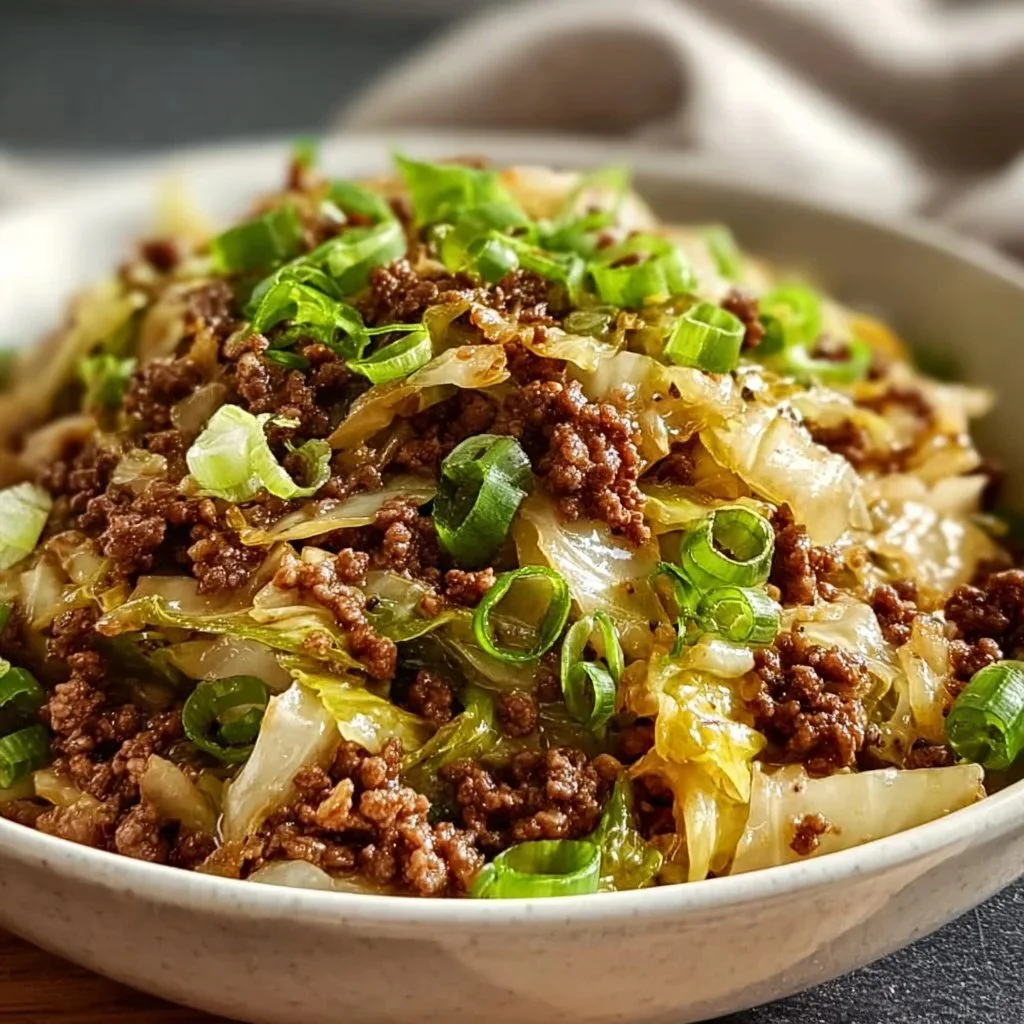Low-Carb Mongolian Ground Beef served with sautéed cabbage