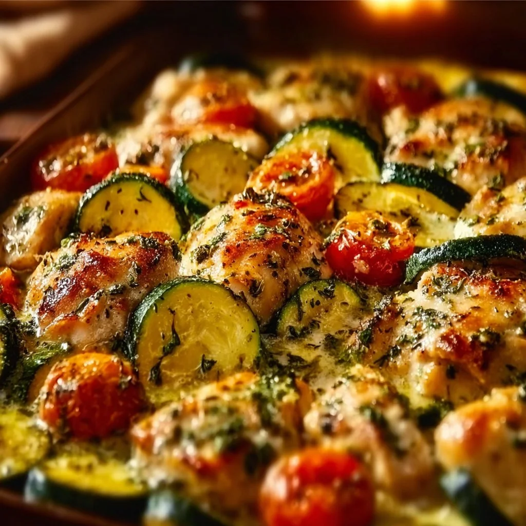 Mediterranean Chicken Zucchini Bake served on a plate with fresh herbs