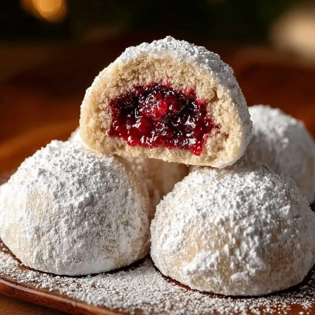 Raspberry Filled Almond Snowball Cookies 3 Raspberry Filled Almond Snowball Cookies