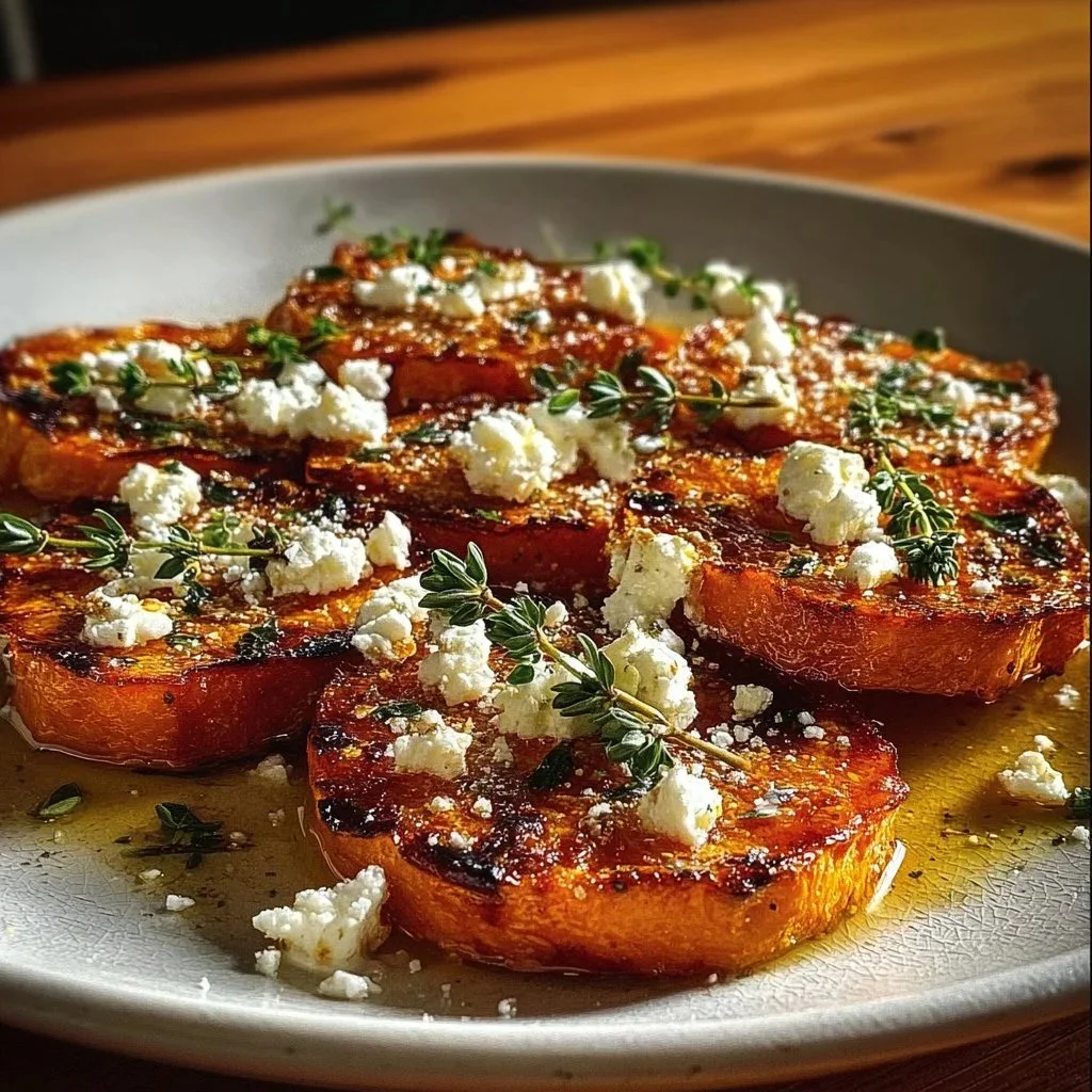 Roasted sweet potato rounds drizzled with honey and topped with feta cheese