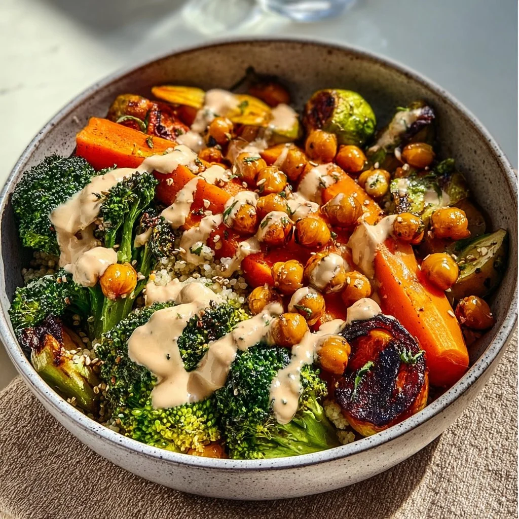 Roasted veggie chickpea bowls with maple dijon tahini dressing