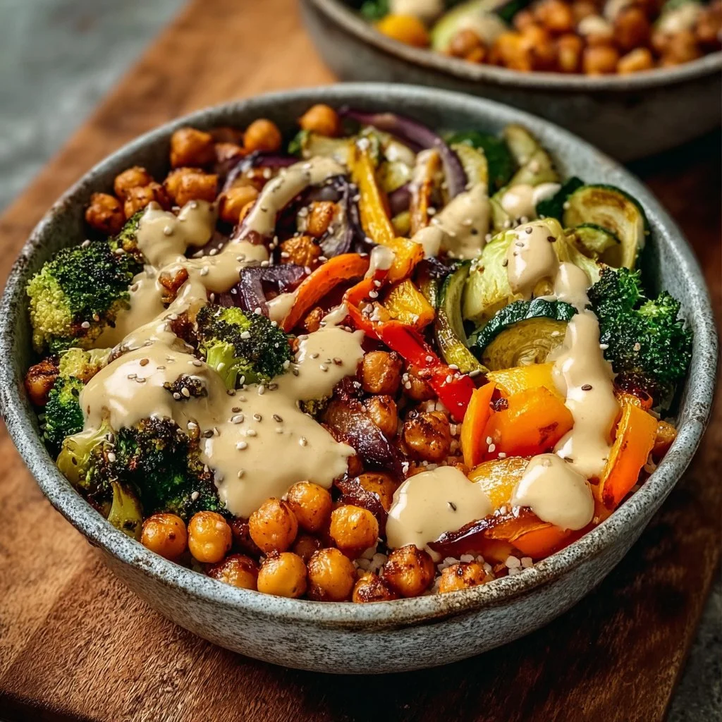 Roasted Veggie Chickpea Bowls with Maple Dijon Tahini Dressing