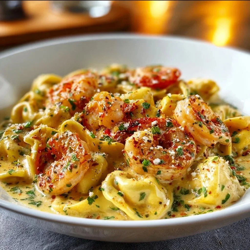 Shrimp tortellini in lemon garlic cream sauce served on a plate