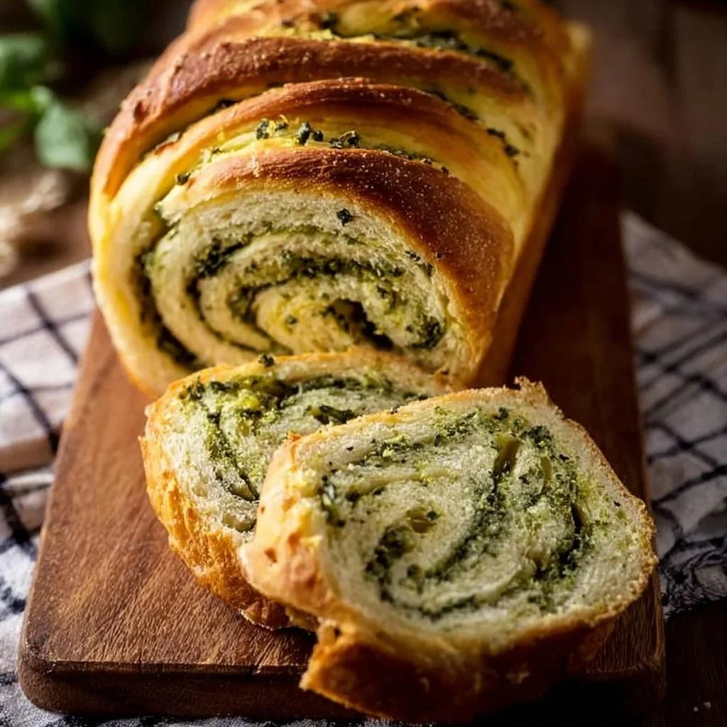 Freshly baked swirled garlic herb bread garnished with herbs.