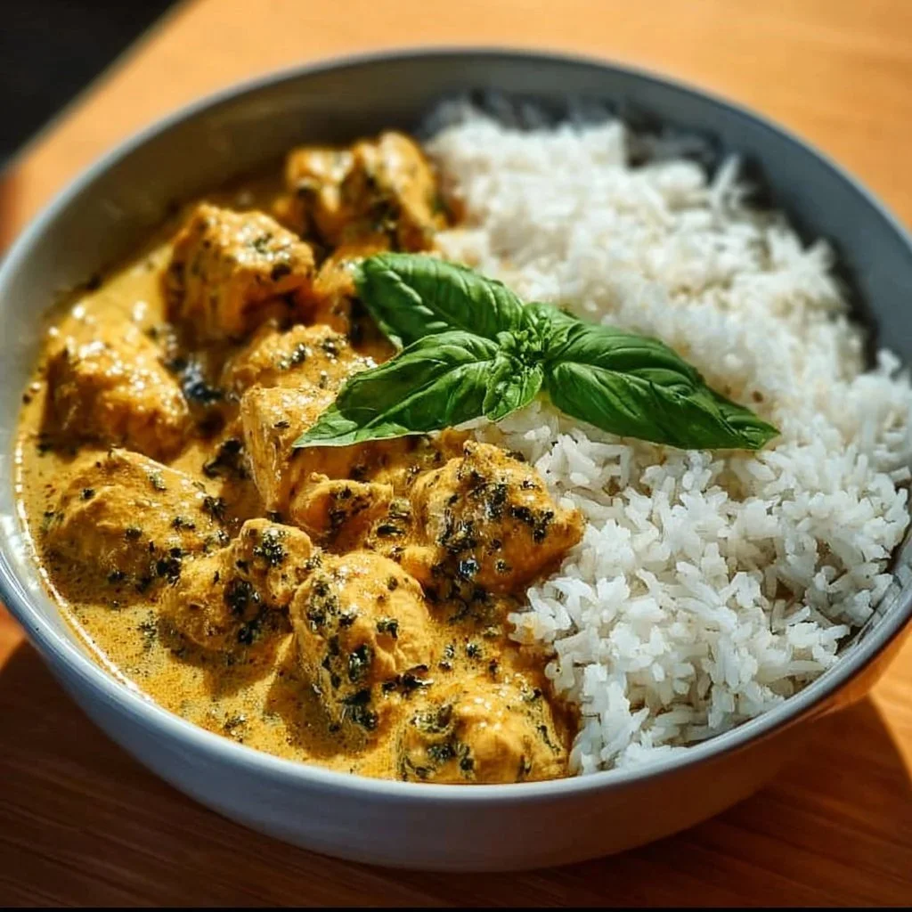 Delicious basil chicken served with coconut curry sauce on a plate