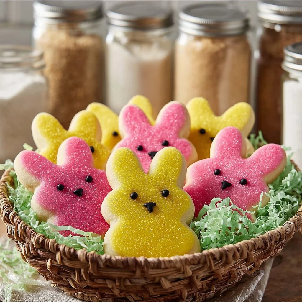 Cute bunny sugar cookies decorated with colorful buttercream frosting.