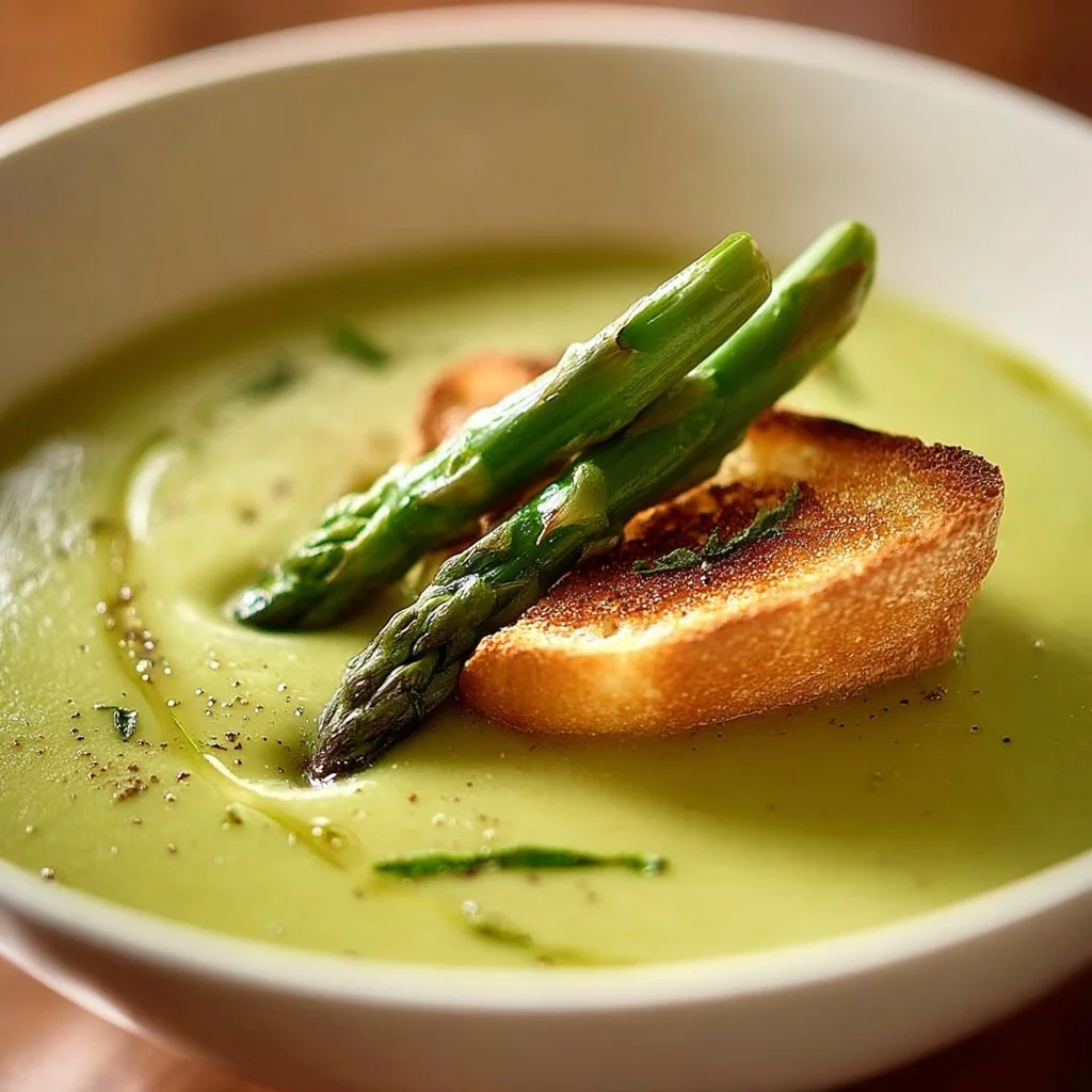 Bowl of creamy asparagus soup garnished with fresh herbs