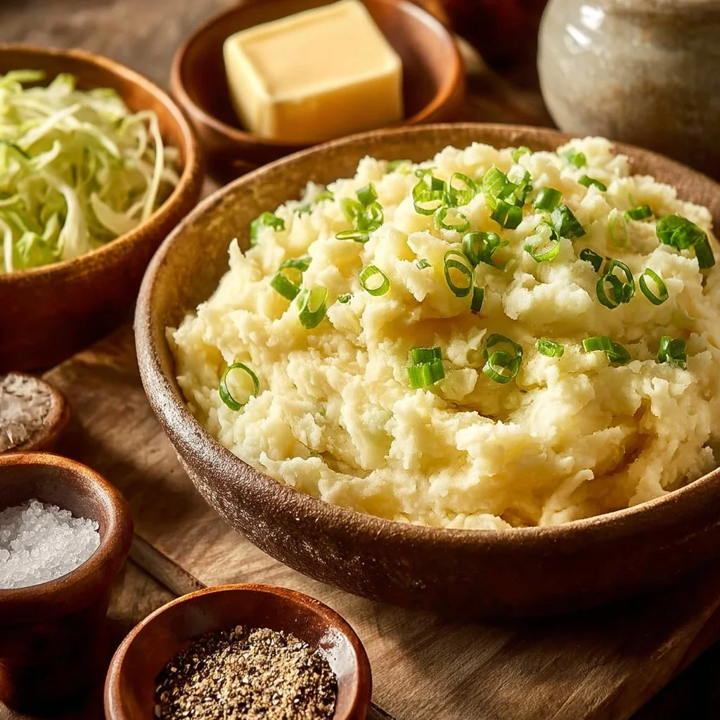 Plate of authentic colcannon made with Irish potatoes and cabbage