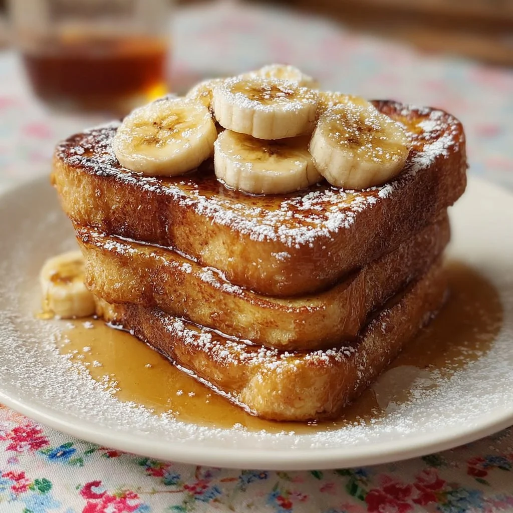 Delicious Banana Bread French Toast served with syrup and fresh fruits