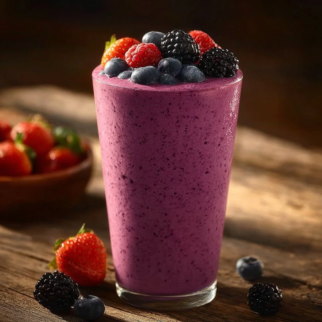 Delicious berry protein smoothie in a glass topped with fresh berries