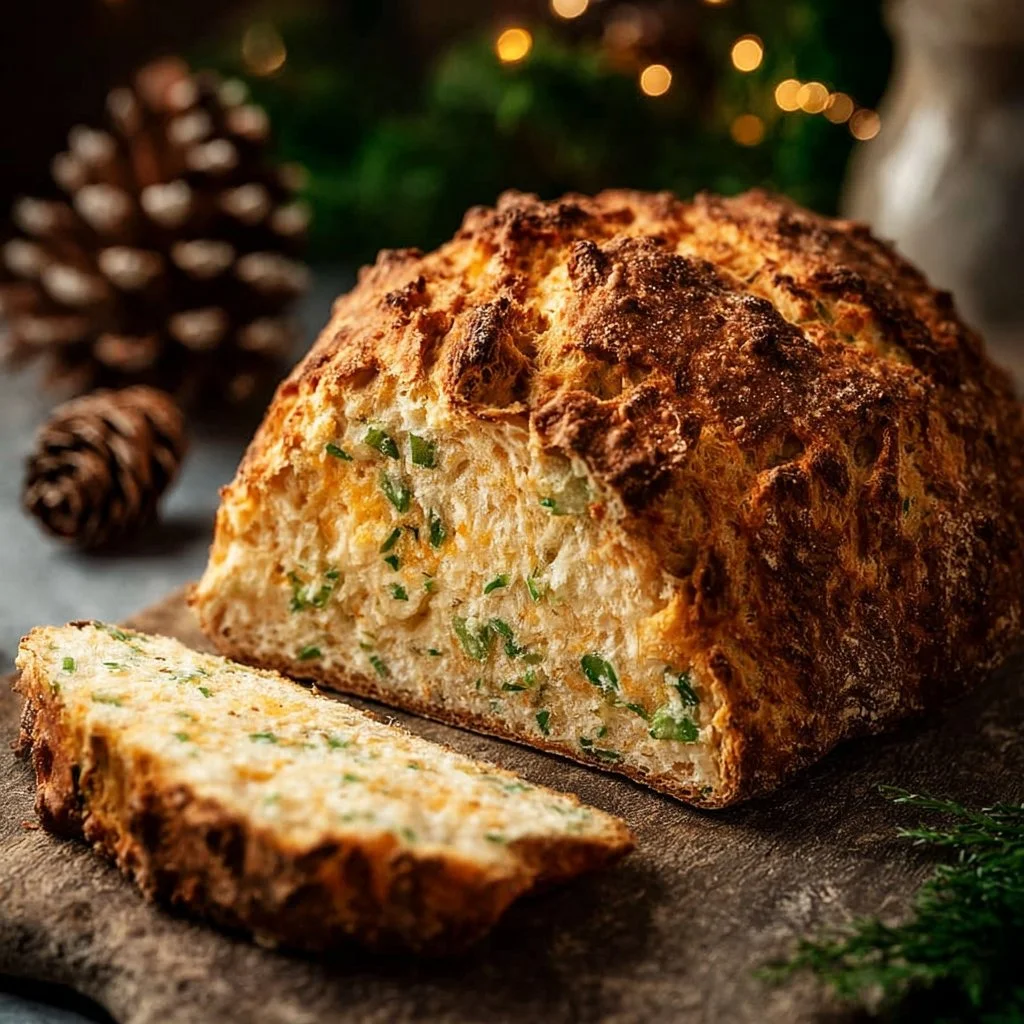Freshly baked Cheddar and Chive Irish Soda Bread loaf on a wooden board