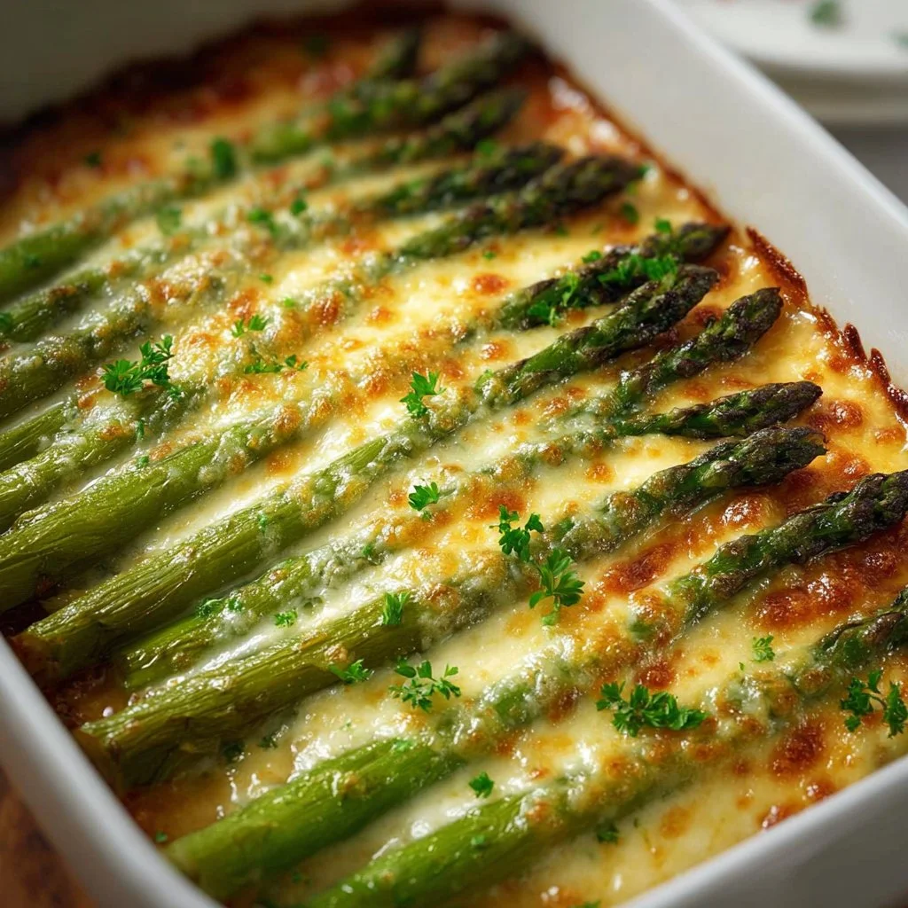 Cheesy baked asparagus garnished with cheese, ready to serve as a savory side dish.