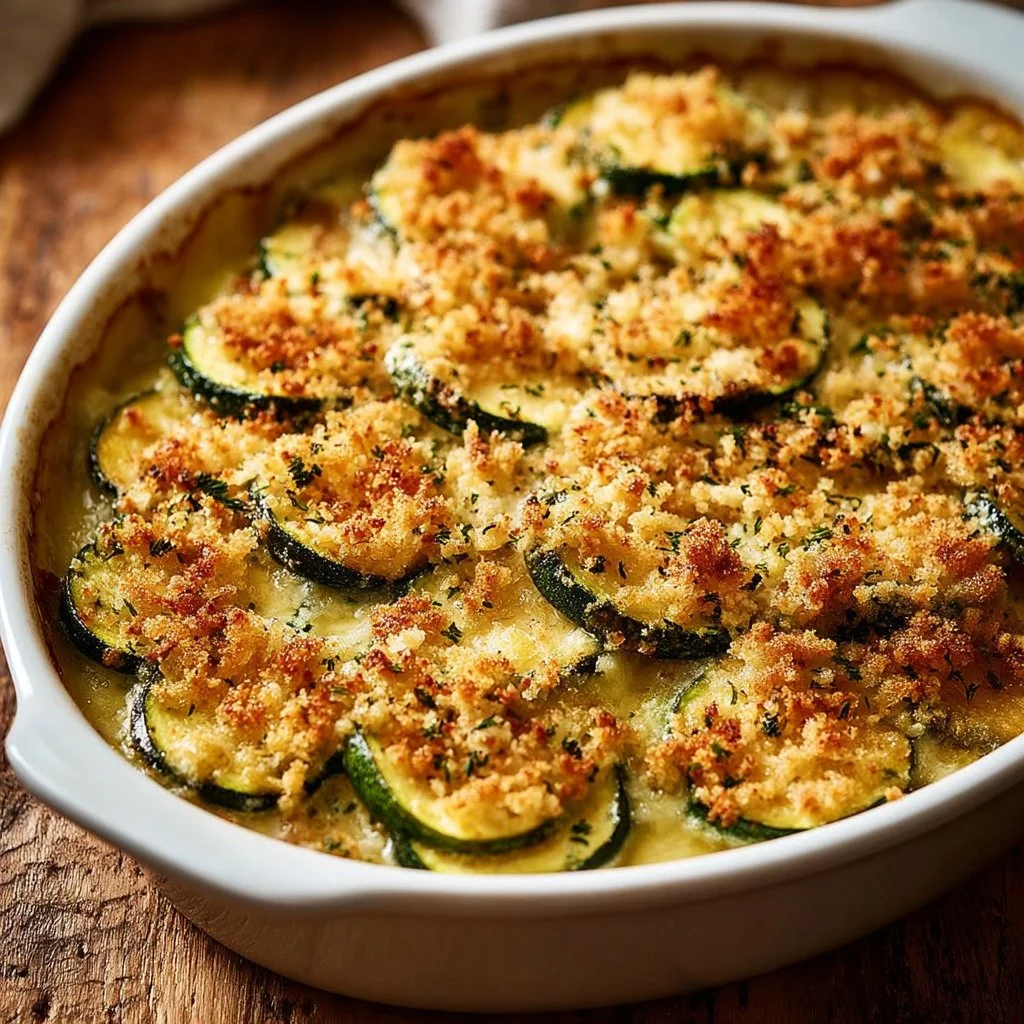 Cheesy zucchini gratin baked to perfection, showcasing layers of zucchini and cheese.