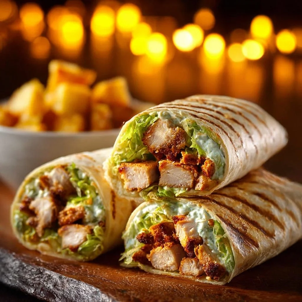 Chicken Caesar Wrap filled with chicken, lettuce, and Caesar dressing