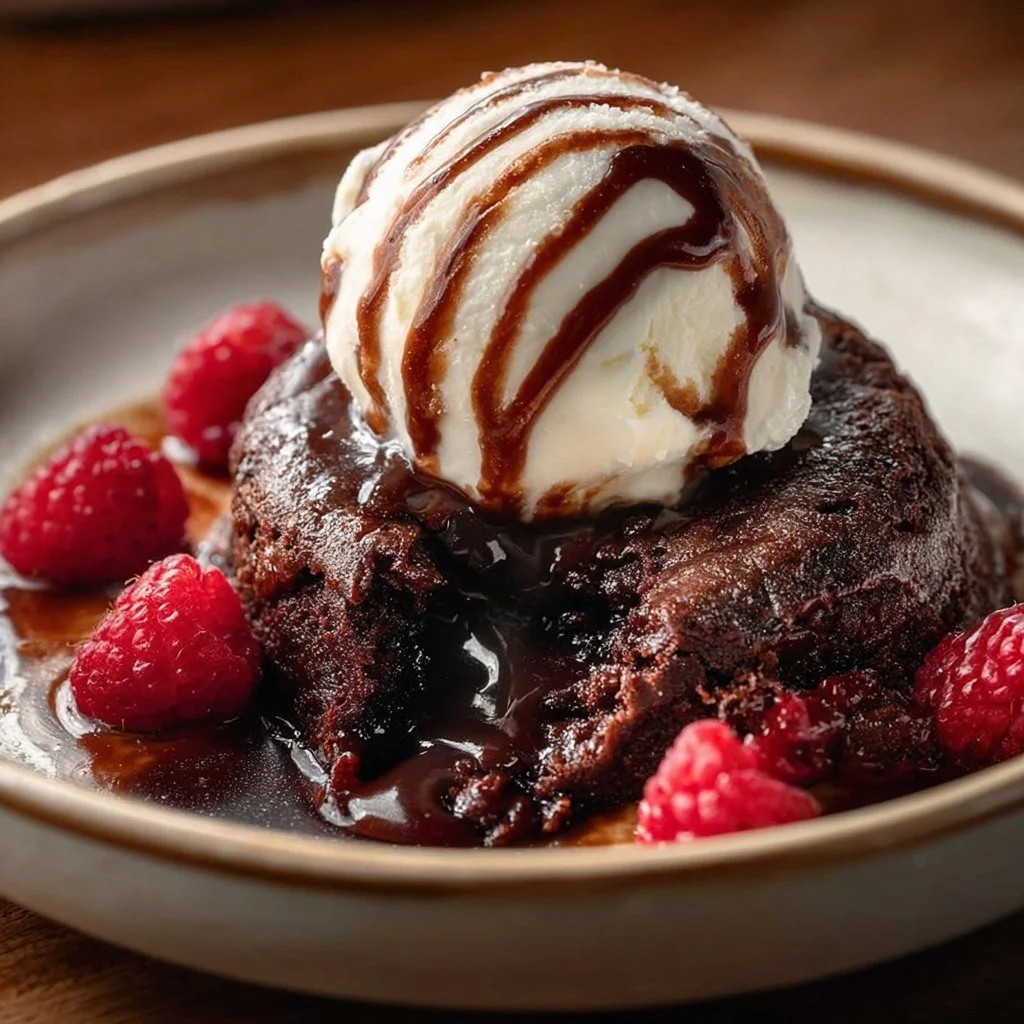 Chocolate Cobbler 12 Delicious homemade Chocolate Cobbler served in a bowl with a scoop of ice cream