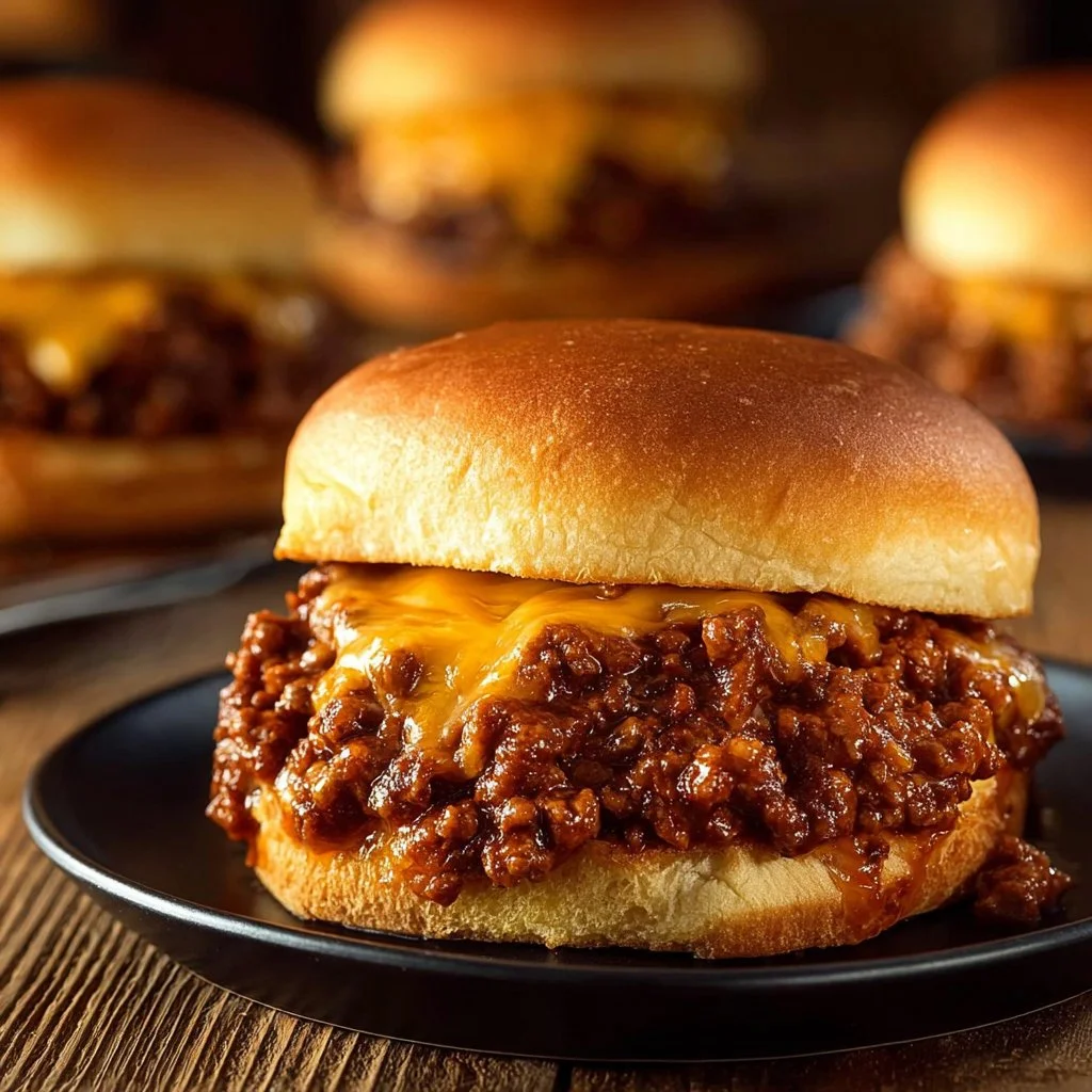 Delicious French Onion Beef Sloppy Joes with melted cheese on a plate