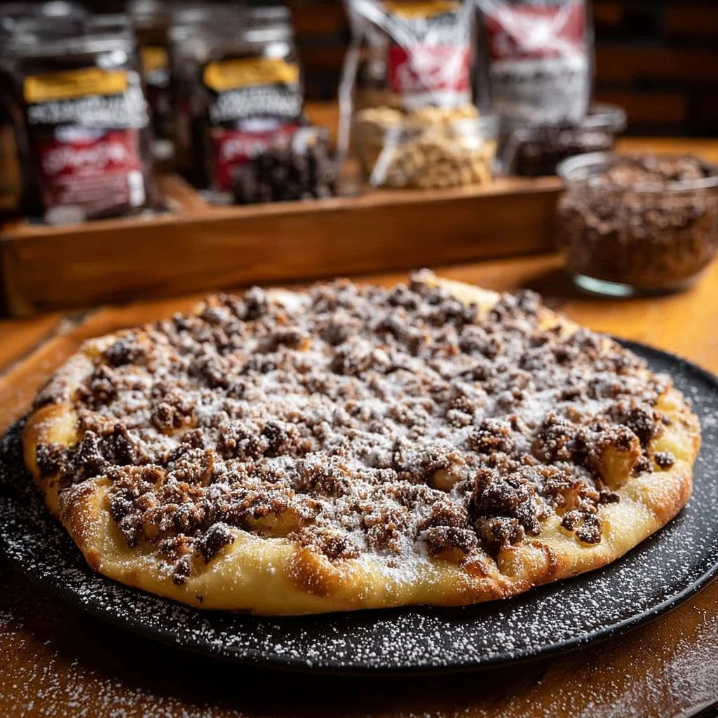 Delicious cookie dough dessert pizza topped with chocolate chips and drizzled with sauce