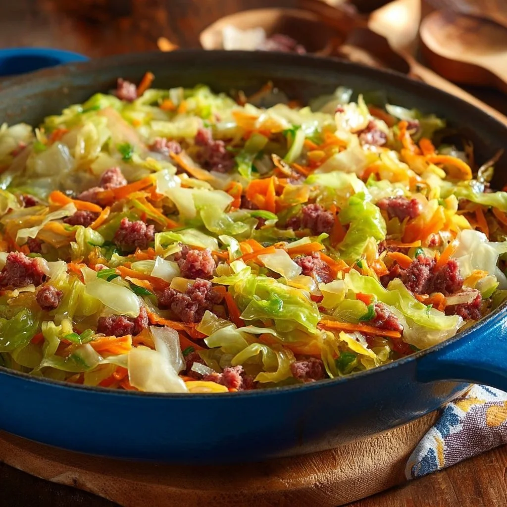 Delicious Corned Beef and Cabbage Skillet garnished and ready to serve