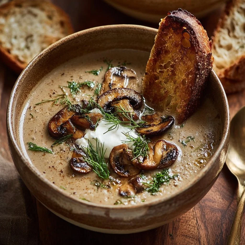 Cottage Cheese Mushroom Soup 11 Bowl of creamy Cottage Cheese Mushroom Soup garnished with fresh herbs