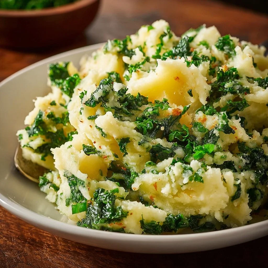 Creamy colcannon mashed potatoes with kale served in a bowl
