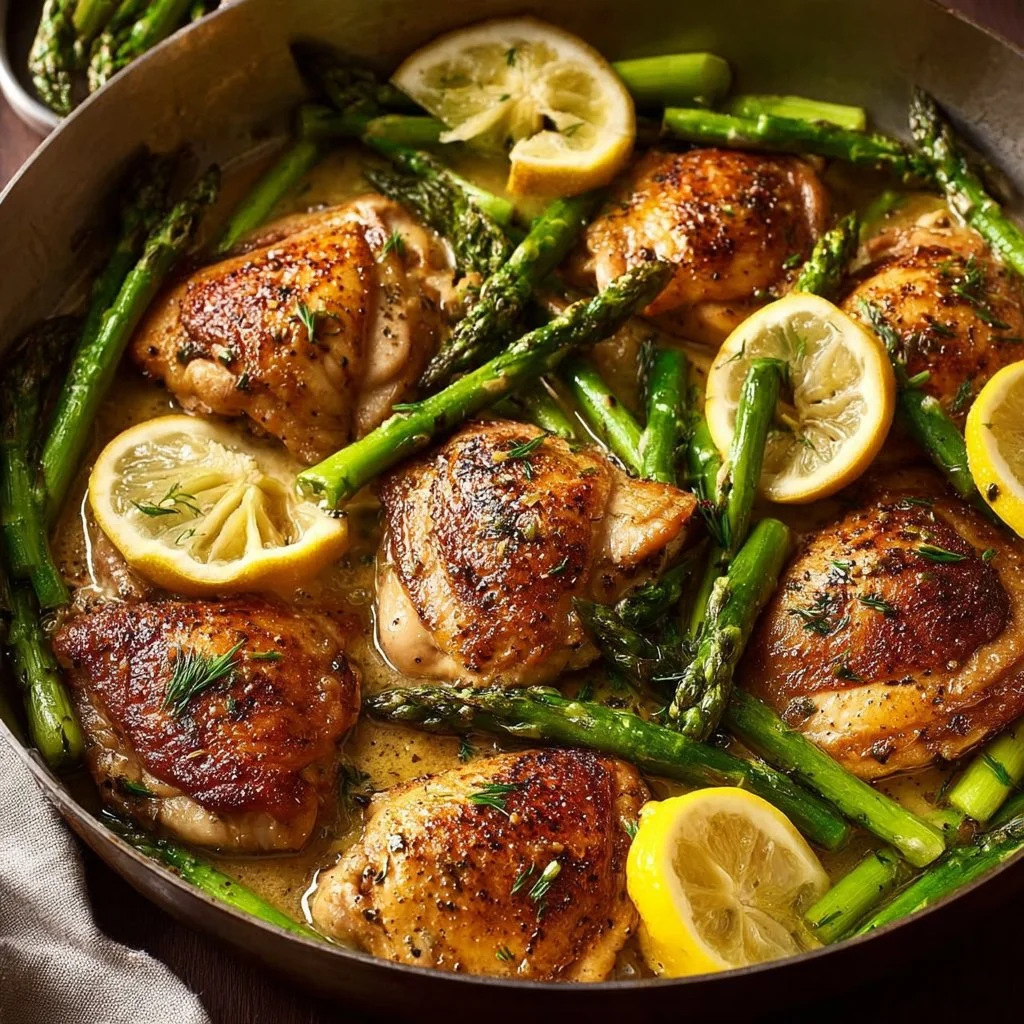 Creamy lemon chicken served with fresh asparagus on a plate.