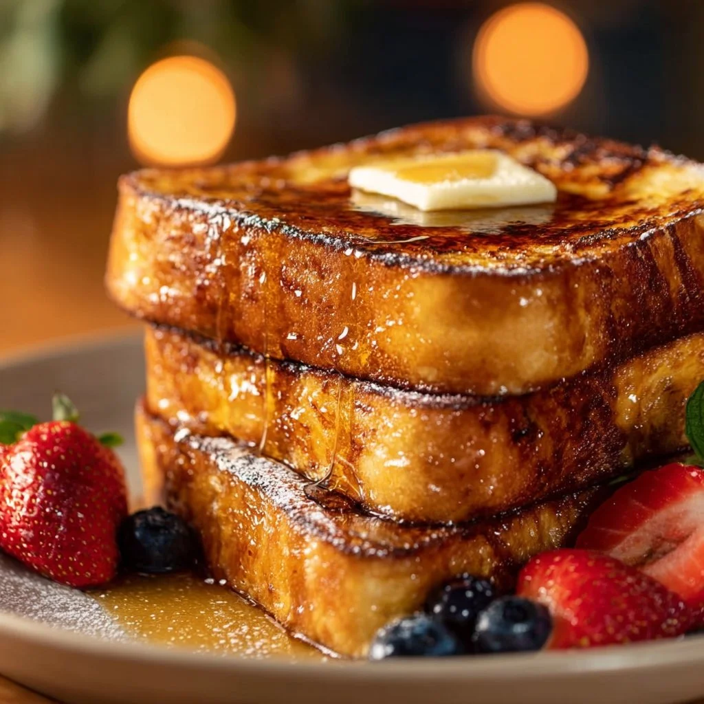 Delicious Crème Brûlée French Toast topped with caramelized sugar