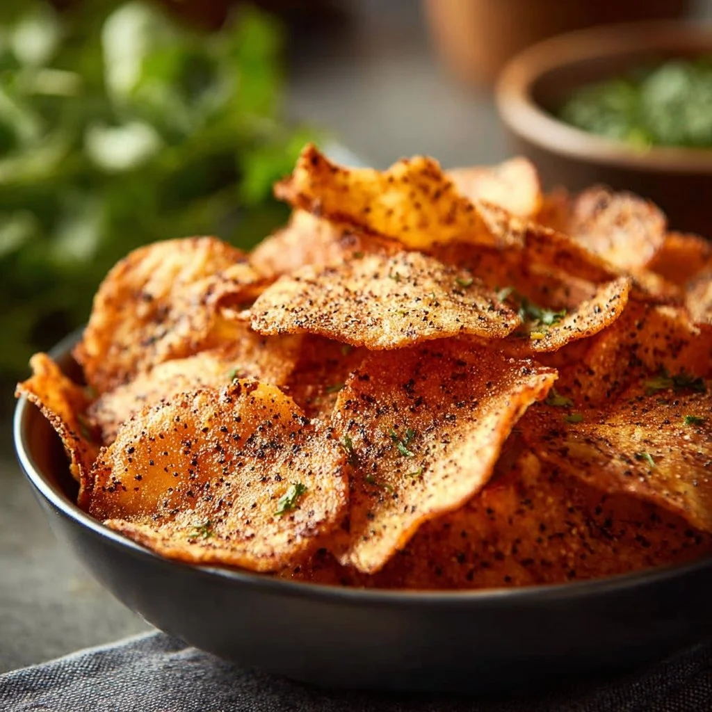 Bowl of crispy homemade lentil chips on a wooden table
