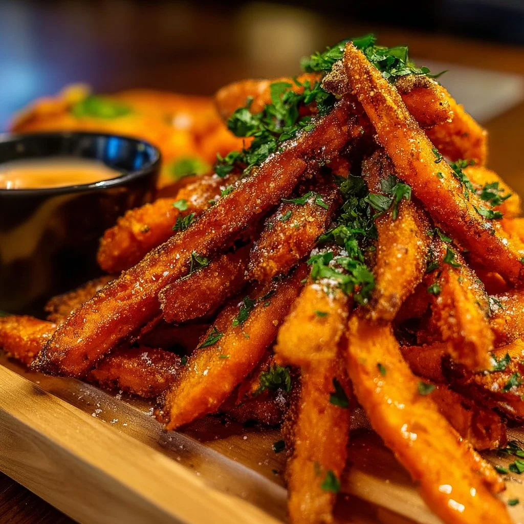 Crispy sweet potato fries served in a bowl with dipping sauce
