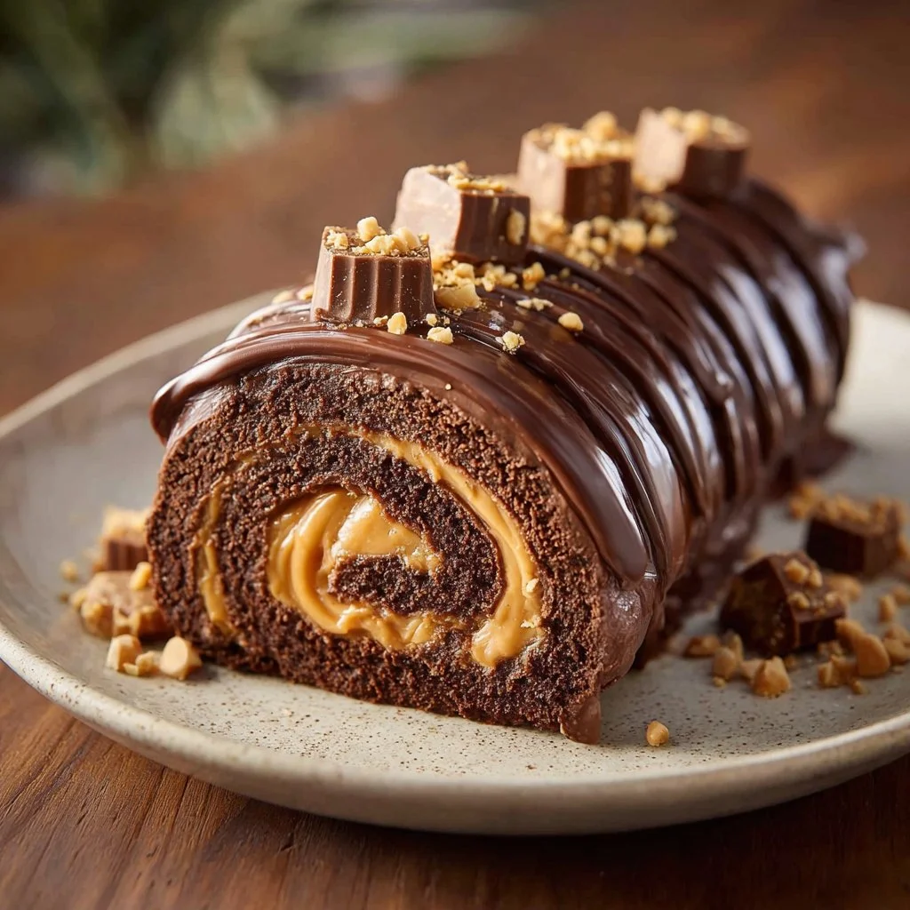 Delicious decadent peanut butter cup chocolate roll dessert on a plate