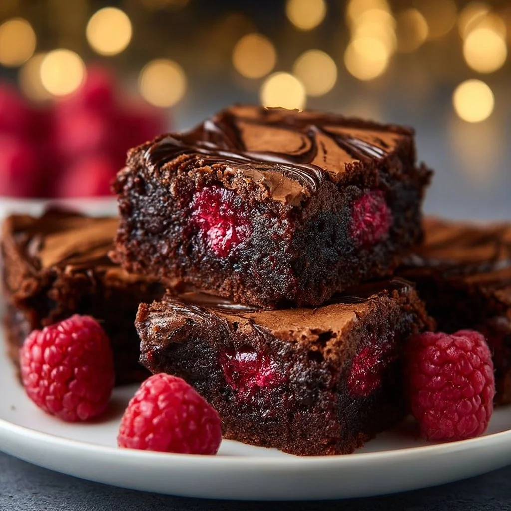 Decadent raspberry swirl brownies topped with fresh raspberries.