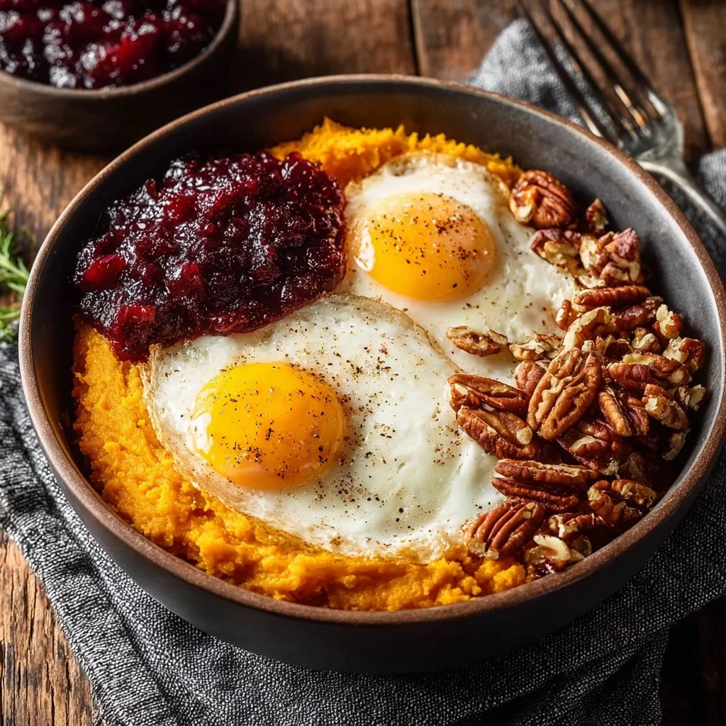 Delicious sweet potato breakfast bowl topped with fresh fruits and nuts