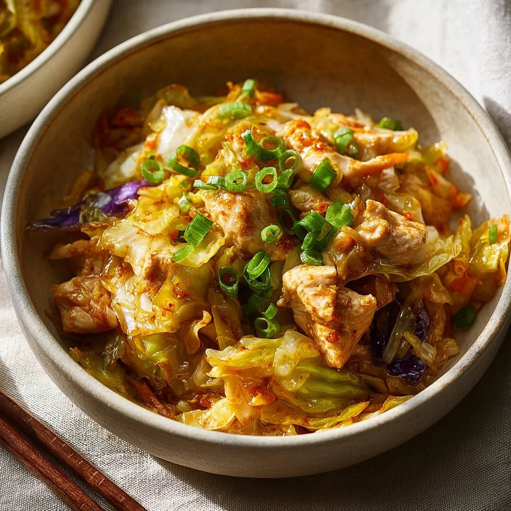 Delicious chicken and cabbage egg roll bowls served in a colorful dish