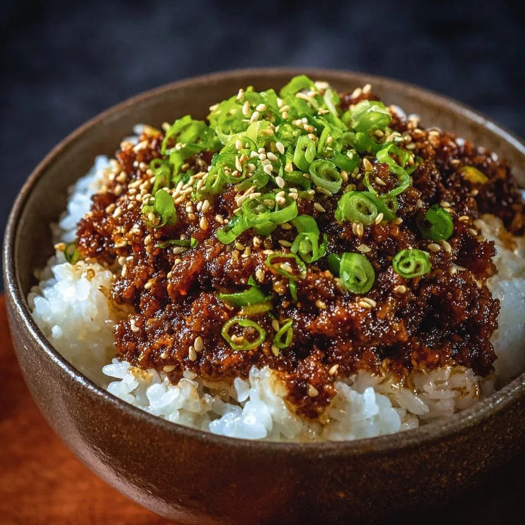 Delicious Korean Ground Beef Bowl topped with green onions and sesame seeds