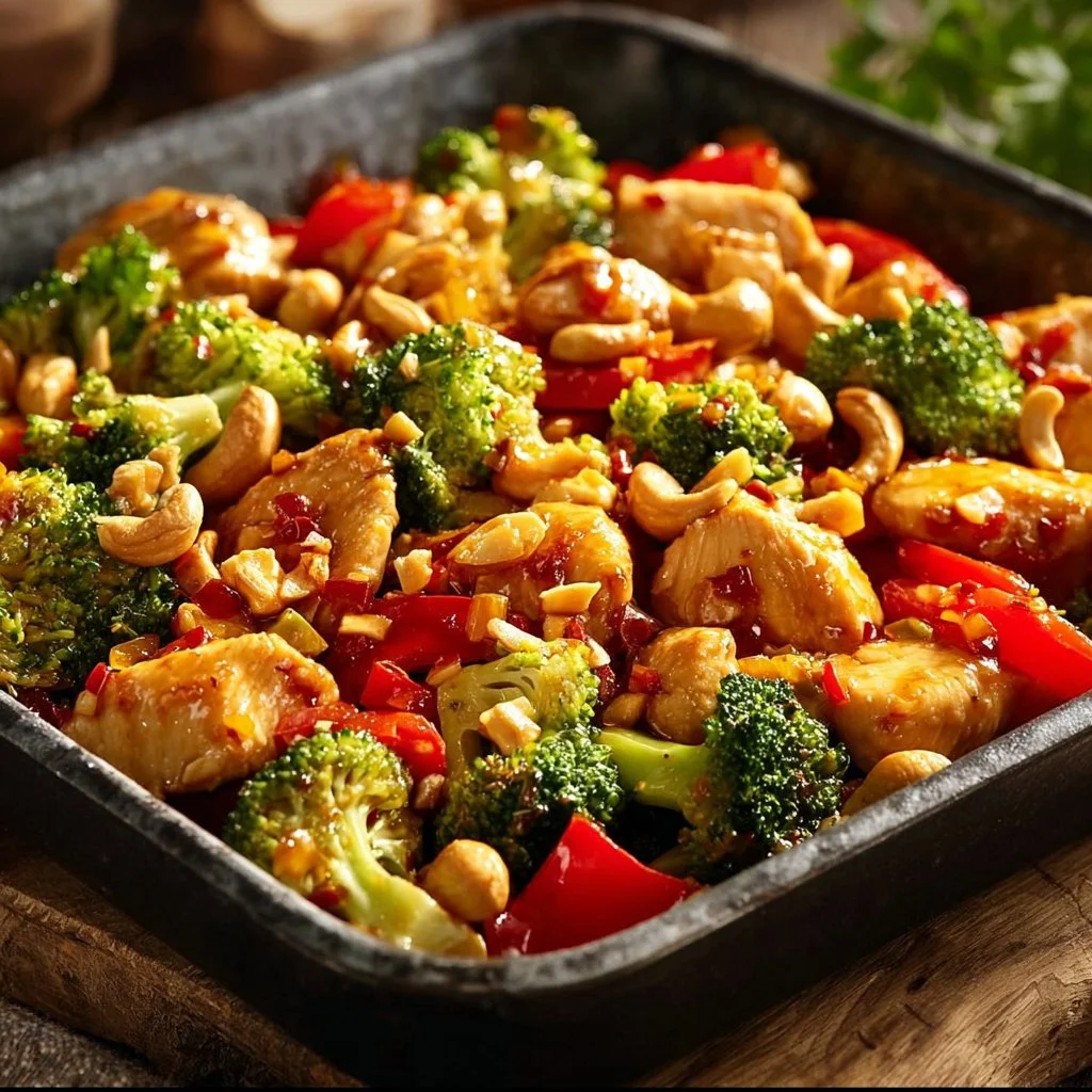 Delightful Sheet Pan Cashew Chicken for Busy Weeknights 6 Delicious sheet pan cashew chicken cooked with vegetables on a baking tray