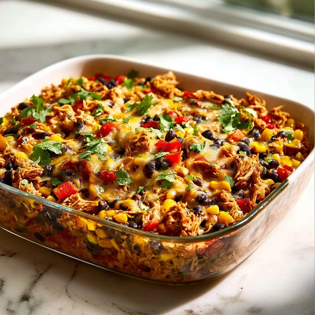 Delicious easy chicken burrito casserole topped with cheese and fresh ingredients