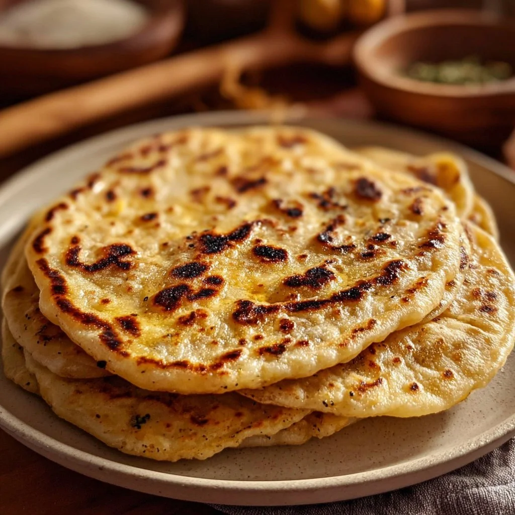 A homemade gluten free flatbread served with fresh herbs and olive oil
