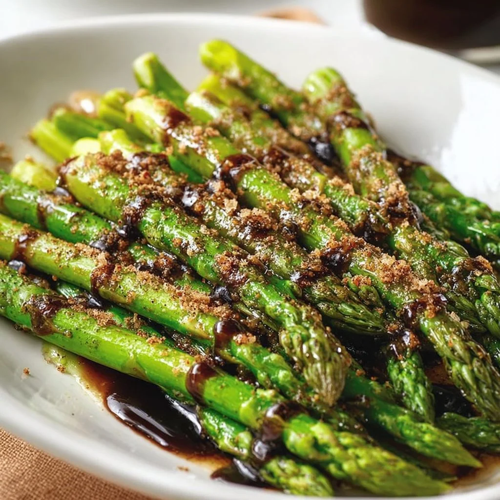 Plate of flavorful asparagus drizzled with balsamic glaze on a rustic table.