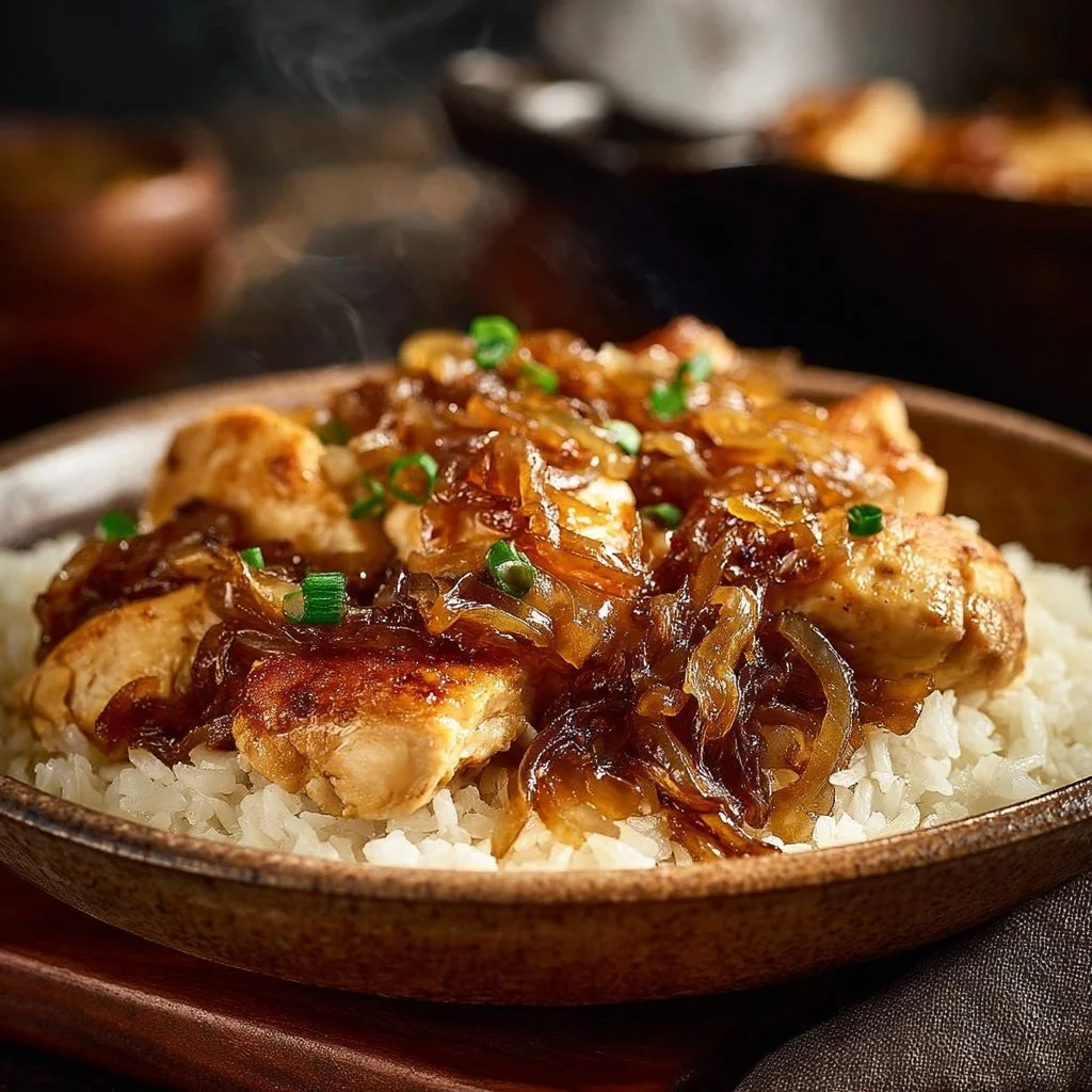 Delicious French Onion Chicken Rice served in a bowl with melted cheese on top.
