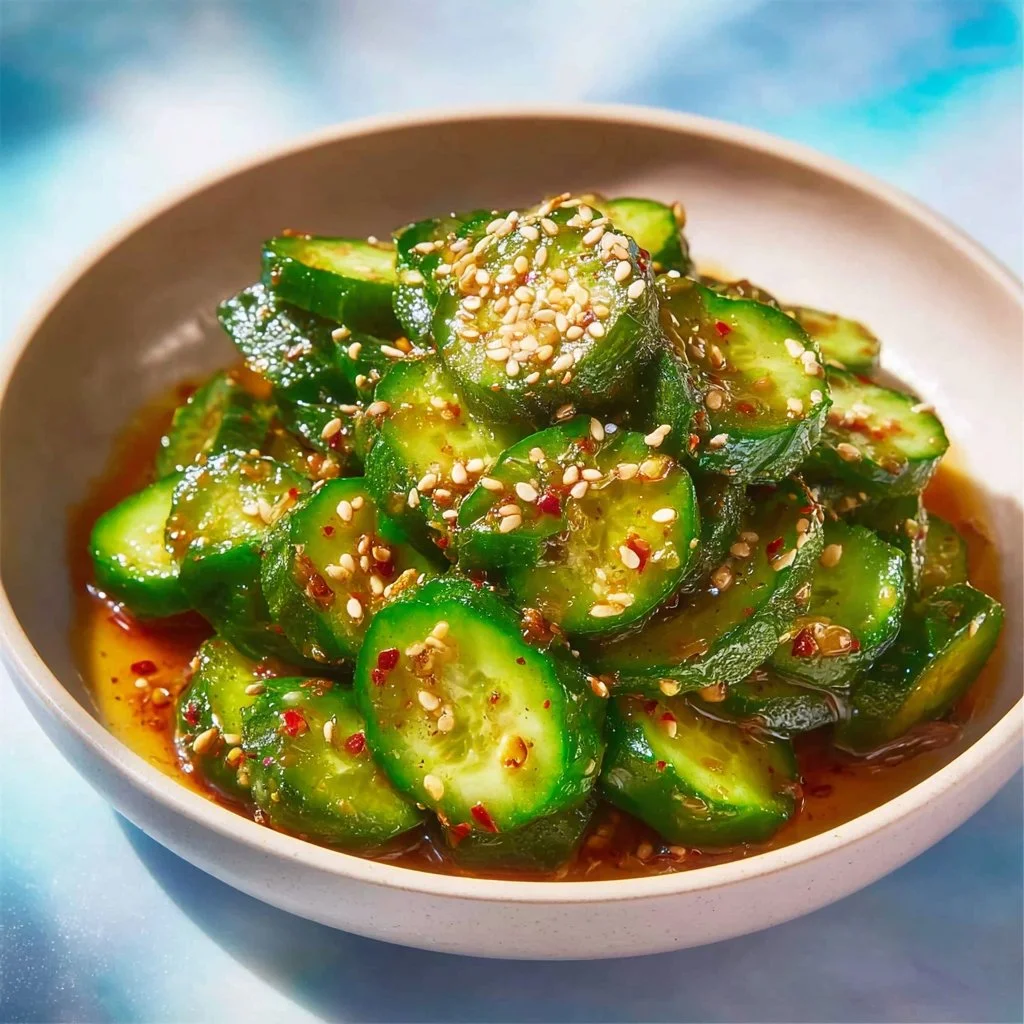 Fresh and Flavorful Korean Cucumber Salad Recipe 7 Bowl of fresh Korean cucumber salad with sesame seeds and spices