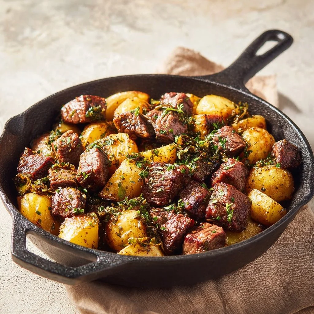 Garlic butter steak bites served with crispy potatoes on a plate.